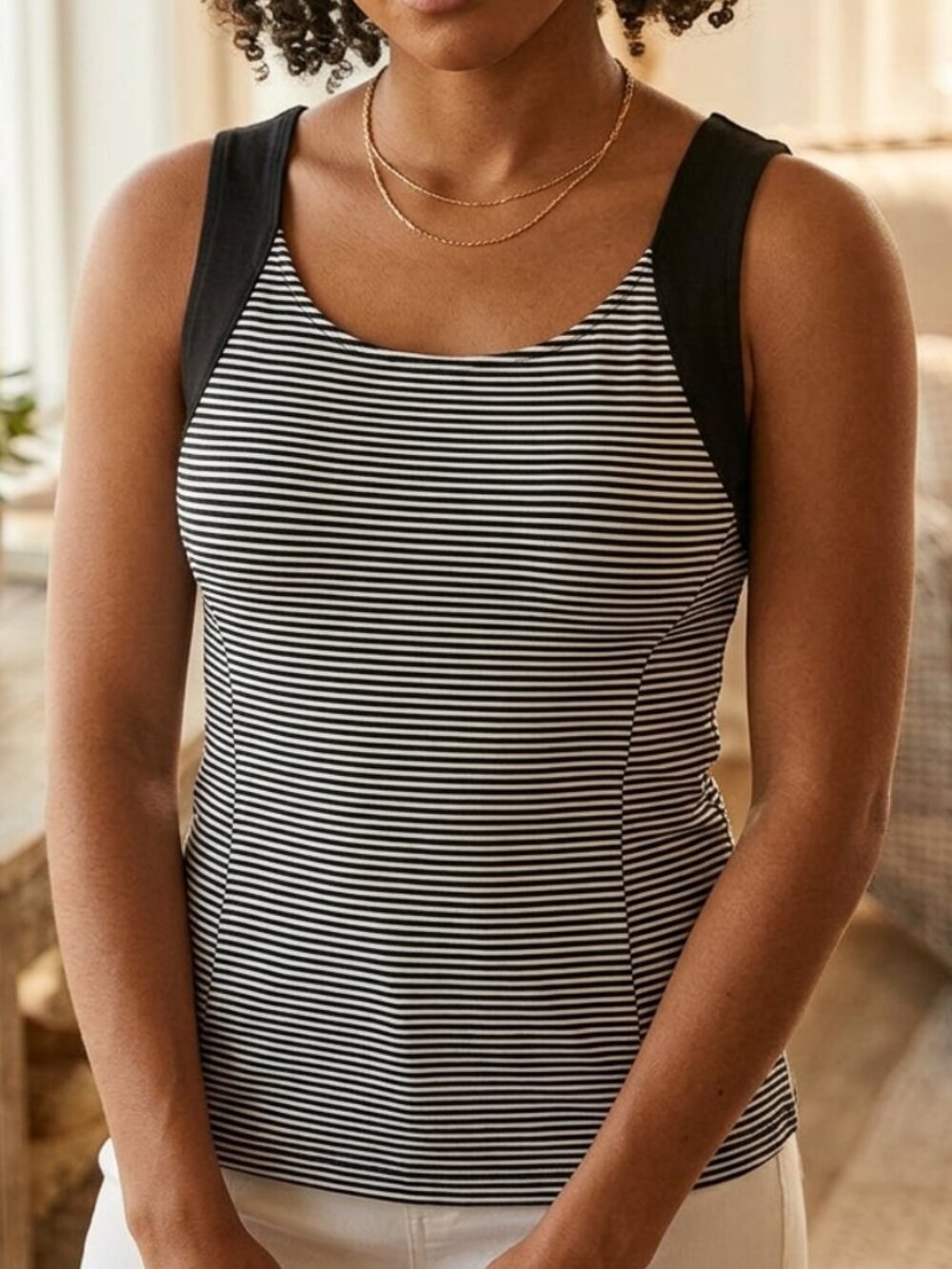 BANANA REPUBLIC Black + White Striped Banana Republic Back Zipper Tank 0P